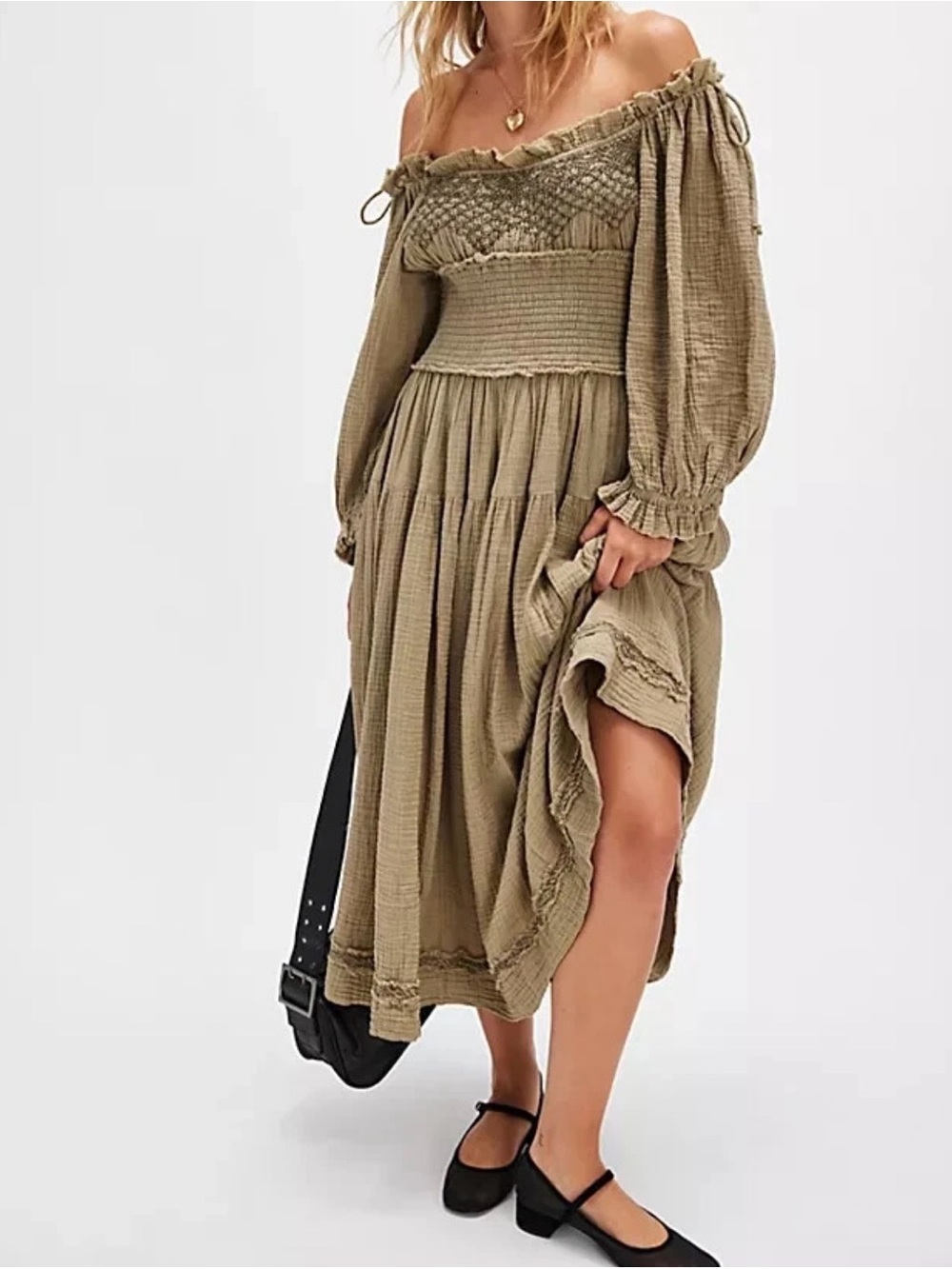 Free People Toledo Midi Dress - Size M - green - Off The Shoulder